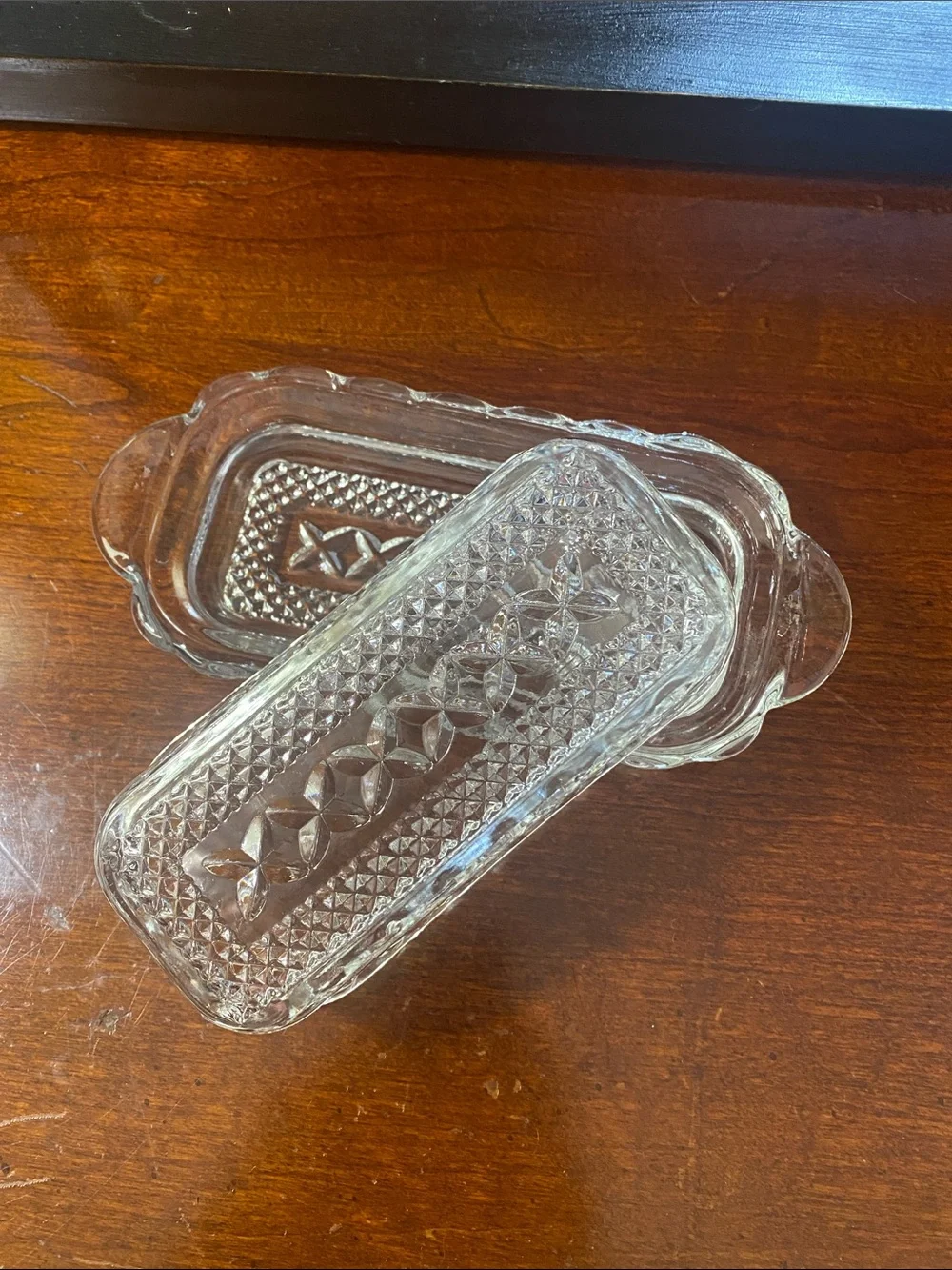 Vintage Anchor Hocking Glass Butter Dish Featuring a Pressed Diamond Cut Design